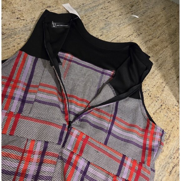 New! Mock Neck Purple Red Gray Plaid NY&Co. Dress Sz XL Pockets Academia Midi - Picture 14 of 16